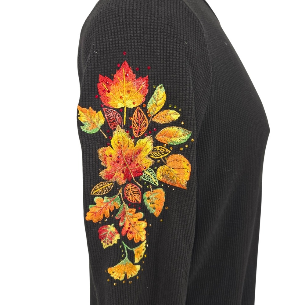 Quacker Factory Waffle Knit Top Women 1X Black Fall Leaves Embroidered Casual - Picture 4 of 11
